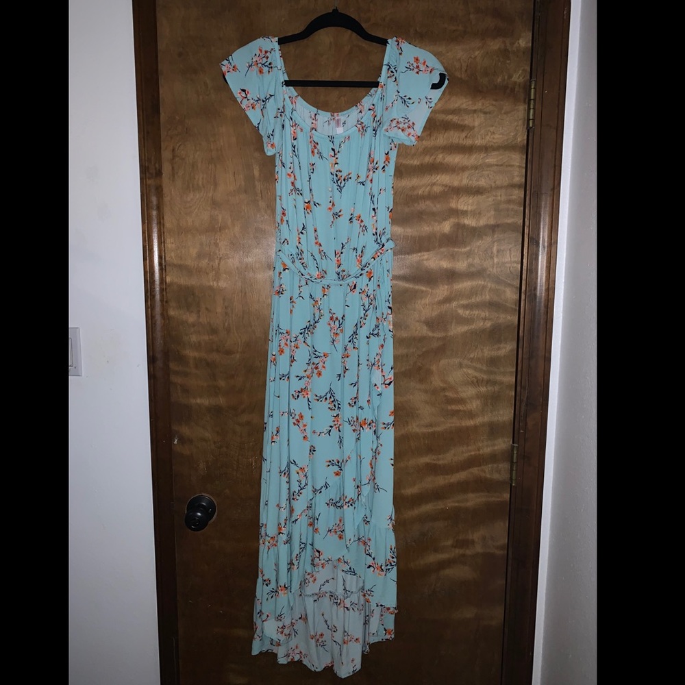 Blue floral high low maxi dress.